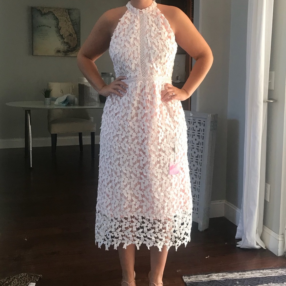 White & Pink Lace Midi Dress